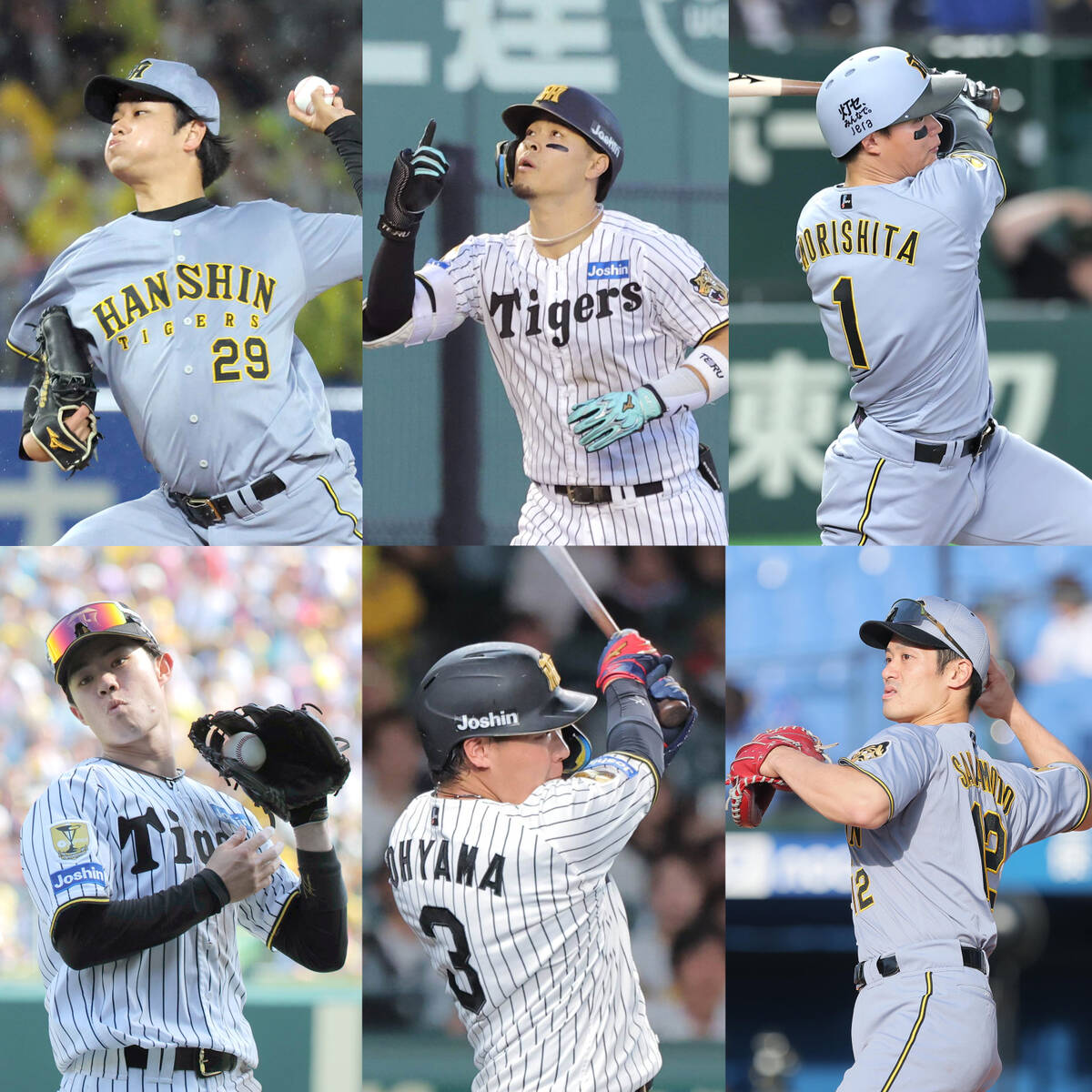 阪神の（左上から時計回りに）高橋遥人、佐藤輝明、森下翔太、坂本誠志郎、大山悠輔、中野拓夢